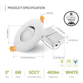 ASD 3 Inch Gimbal LED Recessed Light with Junction Box, 6W 463Lm, 2700K/3000K/3500K/4000K/5000K Adjustable Directional Lighting, Dimmable Rotatable Slim Swivel Spotlight, UL Energy Star White 6 Pack