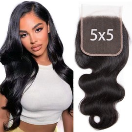 Arenshxc 5 x 5 Lace Closure Body Wave Brazilian Human Hair Closure Femme Top Swiss Lace Free Part With Natural Hairline Baby Hair 130% Density 10 Inches