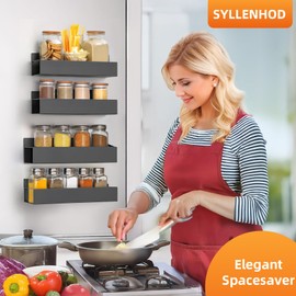 SYLLENHOD Spice Rack Wall Mount: 4 Packs Oversize Pantry Organization And Storage Rack Without Drilling - 11.8 Inch Black Large Adhesive Hanging Kitchen Spice Racks for Smooth Wall - Seasoning Rack