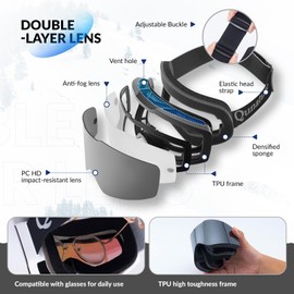 Qunature Ski Goggles Snowboard Goggles UV Protection Ski Goggles Women / Men Glasses Wearers Anti-Fog Helmet Compatible Breathable Snow Goggles for Unisex Adults Skiing Snowboarding Black