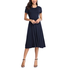 Urban CoCo Women's Vintage Short Sleeve High Waist Flared Midi Casual Summer Dress Navy Blue