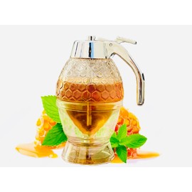 Honey Dispenser Jar - Drip Proof - Maple Syrup Dispenser - Attractive Honeycomb Shaped Honey Pot - Honey Jar with Stand, Beautiful Bee Decor