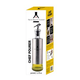 New Age Kitchen, Glass Cruet Bottle, Suitable for Olive Oil or Vinegar, Elegant Stainless Steel Shell Casing, large 17 oz