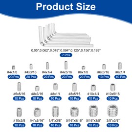 sourcing map Socket Set Grub Screws,240PCS #4x1/8 to 3/8"x3/8"- 304 Stainless Steel Hex Socket Cup Point Allen Screws with Hex Wrenches for Repairing Door Handles, Faucet (Silver)
