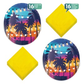 Summer Vibes Party Sunset Beach Palm Paper Dinner Plates, and Lunch Napkins (Serves 16)
