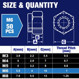 LEONTOOL 50Pcs M6 x 1.0mm Locknuts, Metric Self-Lock Nylon Inserted Hex Lock Nuts Black Zinc Plated 304 Stainless Steel Self Clinching Nut for Auto, Machine, Furniture, Tiny Nut with Storage Box