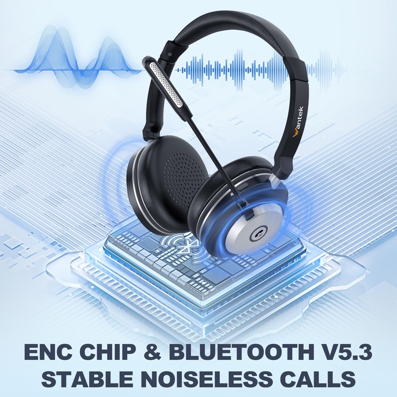Wantek Headset mit Mikrophone, Wireless Headset 882BT mit Ladestation, V5.2
