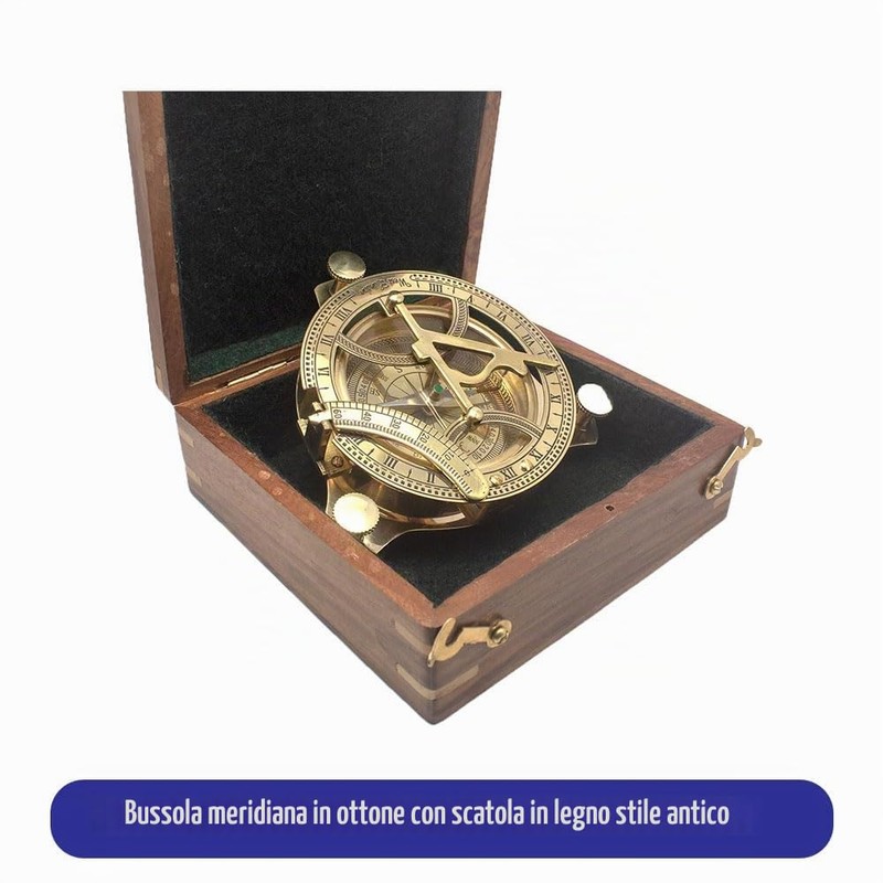 Calyron Bussola Sundial in ottone con scatola di legno, design