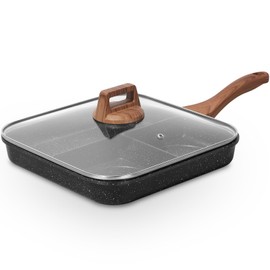 ESLITE LIFE 11 Inch Nonstick Divided Grill Pan with Lid for Indoor Cooking, Versatile 3-In-1 Induction Large Breakfast Pan for Stove Tops, PTFE & PFOA Free, Black