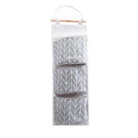 MINGZE Linen Hanging Storage Bag, Wall Mounted Storage Bag with 3 Pockets, Over Door Hanging Storage Bag, Wall Wardrobe Organiser (Grey Stripes)