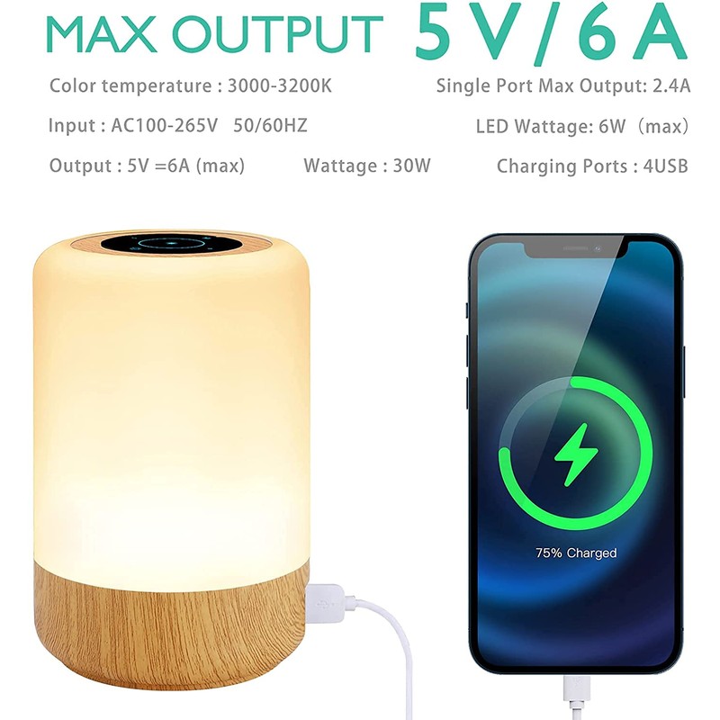 Taipow Bedside Lamp with 4 USB Charging Ports, LED Table