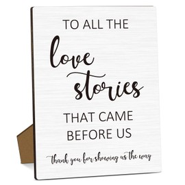 Love Stories Wooden Sign with Stand, 8 x 11 Inch Table Sign For Reception, Wedding/Bridal Shower Table Decor Supplies, Engagement Party Decorations