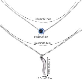 Mikovivi Evil Eye & Italian Horn Double Necklace, Delicate Blue Eye Pendant Necklaces Cornicello Charm Necklaces for Women Friendship Jewelry Gifts Stackable Double Necklace for Women