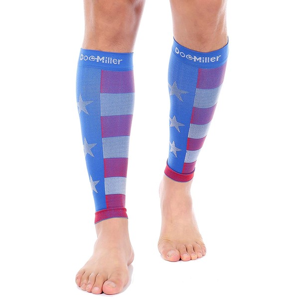 Doc Miller Calf Compression Sleeve - 1 Pair 20-30mmHg Strong Footless Support Socks for Travel Restless Legs Maternity Recovery Shin Splints Varicose Veins for Men & Women (Flag, Medium)