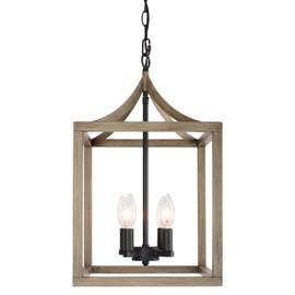 LPRZSG 4-Light Farmhouse Chandelier - Industrial Lantern Ceiling Fixture with Painted Wood Metal Cage, Geometric Pendant Chandeliers Light for Entryway, Foyer, Kitchen, E12 Base