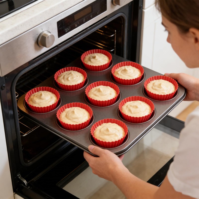 Silicone Muffin Cups Pans for Baking,Red Silicone Cupcake Liners 12PCS