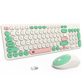 FD Wireless Keyboards and Mouse Combo - 2.4GHz USB Cordless, Cute Wireless Keyboard Round Keys, Quiet and Slim Set for Laptop, Computer, TV and Mac - Milky White Green Colorful