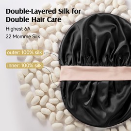 YFONG 100% 22 Momme Mulberry Silk Bonnet for Sleeping Women, Double-Layer Silk Hair Wrap with Adjustable Straps to Prevent Slipping,Luxurious Women's Sleep Cap for Hair Care, Pink+Black