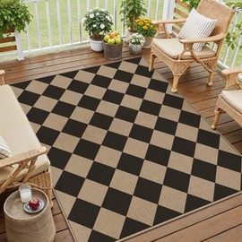 PureCozy 3x5 Checkered Easy Jute Outdoor Patio Rug Washable Area Rugs for Living Room Entryway Diamond Indoor Outdoor Mat Farmhouse Neutral Non Slip Black Door Carpet for Backyard Bedroom