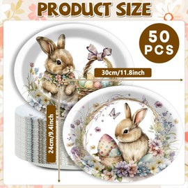 Wiooffen 50Pcs Easter Party Plates Bunny Oval Plates Floral Rabbit Paper Dinnerware Easter Egg Platter Dish Tray for Spring Baby Shower Wedding Birthday Party Table Decoration Favor Supplies 50 Guests