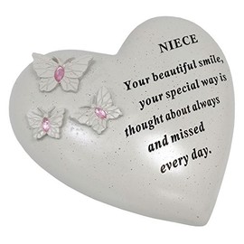David Fischhoff Niece Memorial Butterfly Heart with Gems, Stone, Cream, 16 x 7 x 15.5 cm