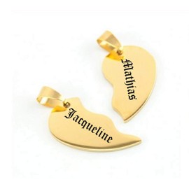 aplusashop ID Partner Pendant Split Heart + Chains + Engraving Gold or Silver Two Heart Parts, Stainless Steel