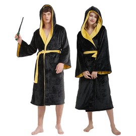 Unpifolov Men Women Flannel Bathrobe Four College Styles Magic Robe Couple Nightgown Witch Cosplay Magical Hooded Cloak, Yellow, One Size