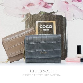 Giselle Women's Tri-Fold Wallet, Mini Wallet, Compact, Small, Coin Purse, Card Slot, Large Capacity, Simple, Formal, Trifold, Croco-style Embossed, Ice Gray/Ice Grey