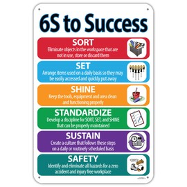 6S to Success, Lean Workplace Sign, Quality Aluminum Metal Poster Wall Poster Plaque Workplace Decor Indoor Outdoor - 12×8 Inches, Vibrant Color
