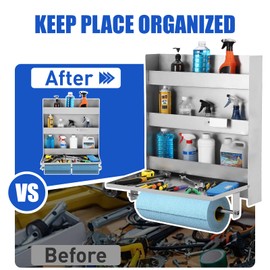 5052 Aluminum Storage Cabinet, 3-Tier Wall-Mounted Tool Cabinet with Flip-Out Work Table & Paper Towel Rack Organizer, Space-Saving Design,Ideal for Garage, Shop, and Trailer Use, Silver