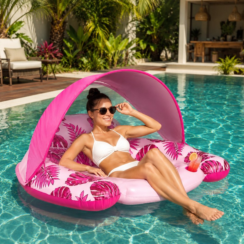 Inflatable Pool Lounge Float for Adults – UPF50+ Canopy, Cup
