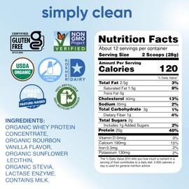 Simply tera's Lactose Free Organic Whey Protein Powder - Lactose Free, Vanilla, 20g of Protein Per Serving, Non-GMO, Gluten-Free, rBGH-Free, Kosher - 12 Oz