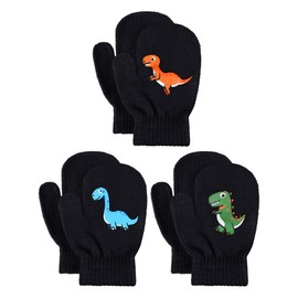 Geyoga 3 Pairs Kids Winter Mittens Winter Stretchy Knit Gloves Dinosaur Warm Mittens Full Finger Kids Gloves for Boys Girls (Black,Classic)