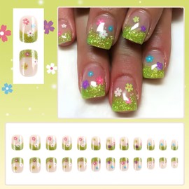 Lime Green French Press on Nails Short Square Fake Nails St. Patrick's Day Nails with Colorful Flower Full Cover Design Glue on Nails Artificial Acrylic Glossy Stick on Nails for Women & Girls 24 Pcs