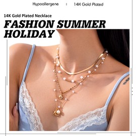 4 Pcs Shell Necklace, 14K Plated Gold Layered Starfish Necklace for Women, Pearl Pendant Charm Jewelry, Non Tarnish Adjustable Stainless Steel Chain Stack Jewelry for Summer Beach Vacation