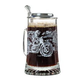 Glass Motorcycle Etched Design Beer Stein with Metal Lid and Thumb Lift