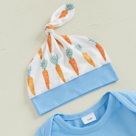 Lamuusaa Newborn Baby Boy Easter Outfit Long Sleeve My 1st Easter Romper Carrot Print Long Pants Hat 3Pcs Clothes Set 0-18M (Blue, 12-18 Months)