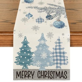Camino de mesa "Artoid Mode Blue Pine Trees Merry Christmas", decoración navideña y de invierno para cocina, comedor, hogar y fiestas, 13 x 120 pulgadas