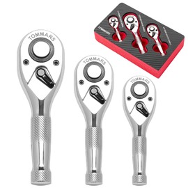 TOMMARS Stubby Ratchet Set, 1/4", 3/8", 1/2" Drive Ratchet Handle Wrench 72-Tooth Quick-Release Reversible