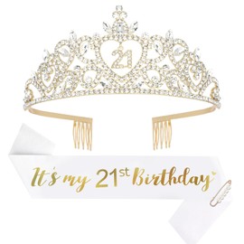 Araluky Happy 21st Birthday Decorations for Her with Happy 21st Birthday Sash for Women & Twenty-one Crown 21 years old Gifts for Her