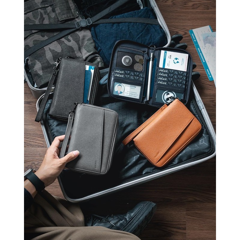VULKIT Porta Pasaporte de Cuero con Bloqueo RFID y Correa