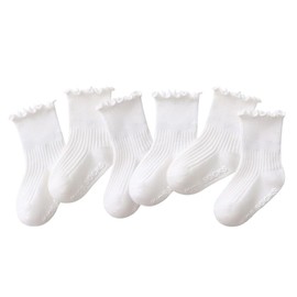 WATOCHE Baby Toddler Girls Ruffle Socks with Grips Girl's White Frilly Dress Baby Anti-slip Grippy Socks(Nonslip White-6 Pairs,3-5T)