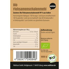 Wohltuer Organic psyllium husk flour, psyllium husks finely ground, 99% purity (1000 g), regular laboratory analytical controls, gluten-free and almost carbohydrate-free