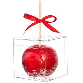 Mauproy 4x4x4 Inches Candy Apple Boxes with Hole, 30 Pack Food Grade Transparent Plastic Favor Boxes with Red Ribbons for Standard and Large Caramel Apples, Chocolates, Treats