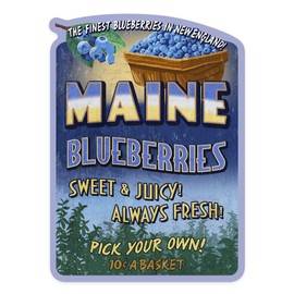 Die Cut Sticker Maine, Blueberries Vintage Sign, Contour Vinyl Sticker 1 to 3 inches (Waterproof Decal for Cars, Water Bottles, Laptops, Coolers), Small