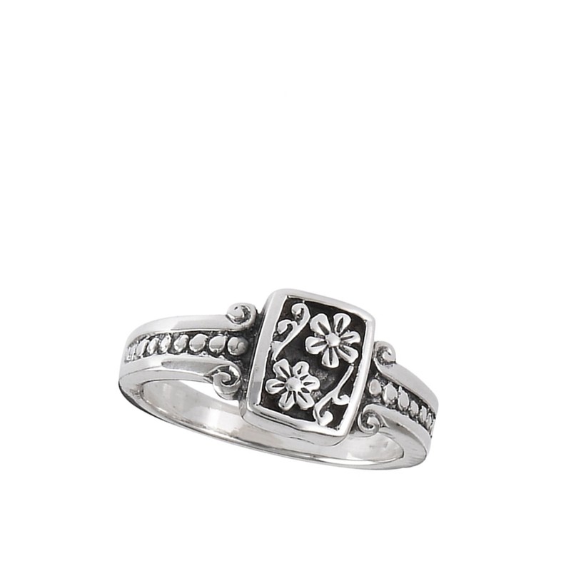 Oxidized Flower Daisy Vintage Beaded Ring .925 Sterling Silver Band