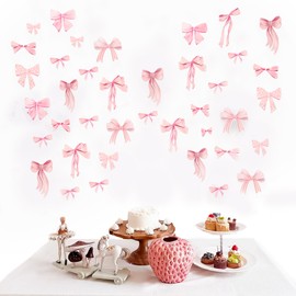 60Pcs Cute Pink Bow Wall Decals, Removable Bow Wall Stickers, Coquette Room Wallpaper for Girls Party Bedroom Decor (Flush Pink)