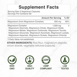 12‑in‑1 Magnesium Complex for Women 1,000 mg, 240 Vegetarian Capsules | Magnesium Glycinate, Citrate, Malate, Taurate, Orotate, Oxide & More | Chelate