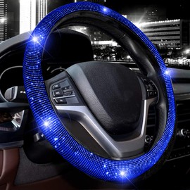 Valleycomfy Steering Wheel Cover for Women Men Bling Bling Crystal Diamond Sparkling Car SUV Wheel Protector Universal Fit 15 Inch (Black with Blue Diamond,Standard Size(14" 1/2-15" 1/4))