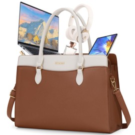 RAINSMORE Laptop Bag for Women 15.6 Inch Waterproof PU Leather Work Tote Bags Large Laptop Purse for Women Professional Womens Briefcase Computer Bags for Business Office Teacher, Brown & White